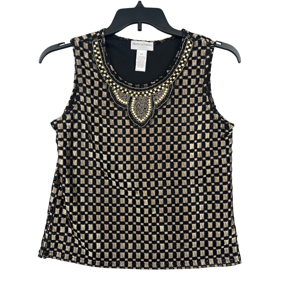 Drapers & Damons Petites PM Gold Checkered Beaded Neck Sleeveless Top Art Deco